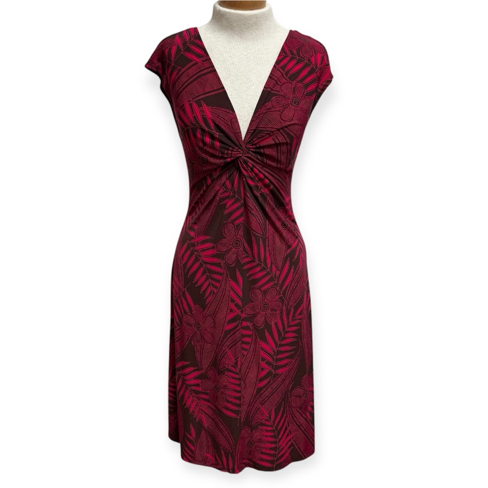 Lizzatti Y2K Twist Front V-Neck Tropical Midi Dress